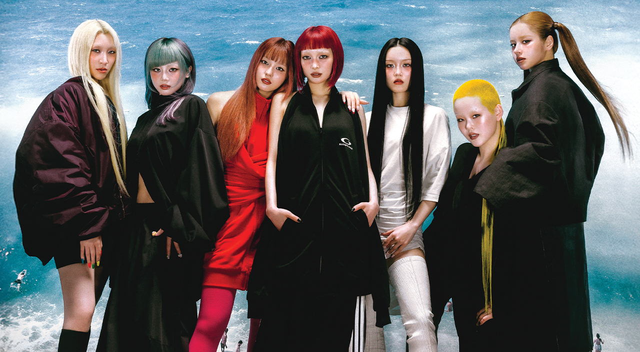From left: on MAYA: jacket and dress, all Balenciaga. On HINATA: jacket and skirt, all Balenciaga. On JURIA: jacket and boots, all Balenciaga. On JURIN: jacket and skirt, all Balenciaga. On CHISA: dress and boots, all Balenciaga. On COCONA: shirt and pants, all Balenciaga. On HARVEY: jacket and skirt, all Balenciaga