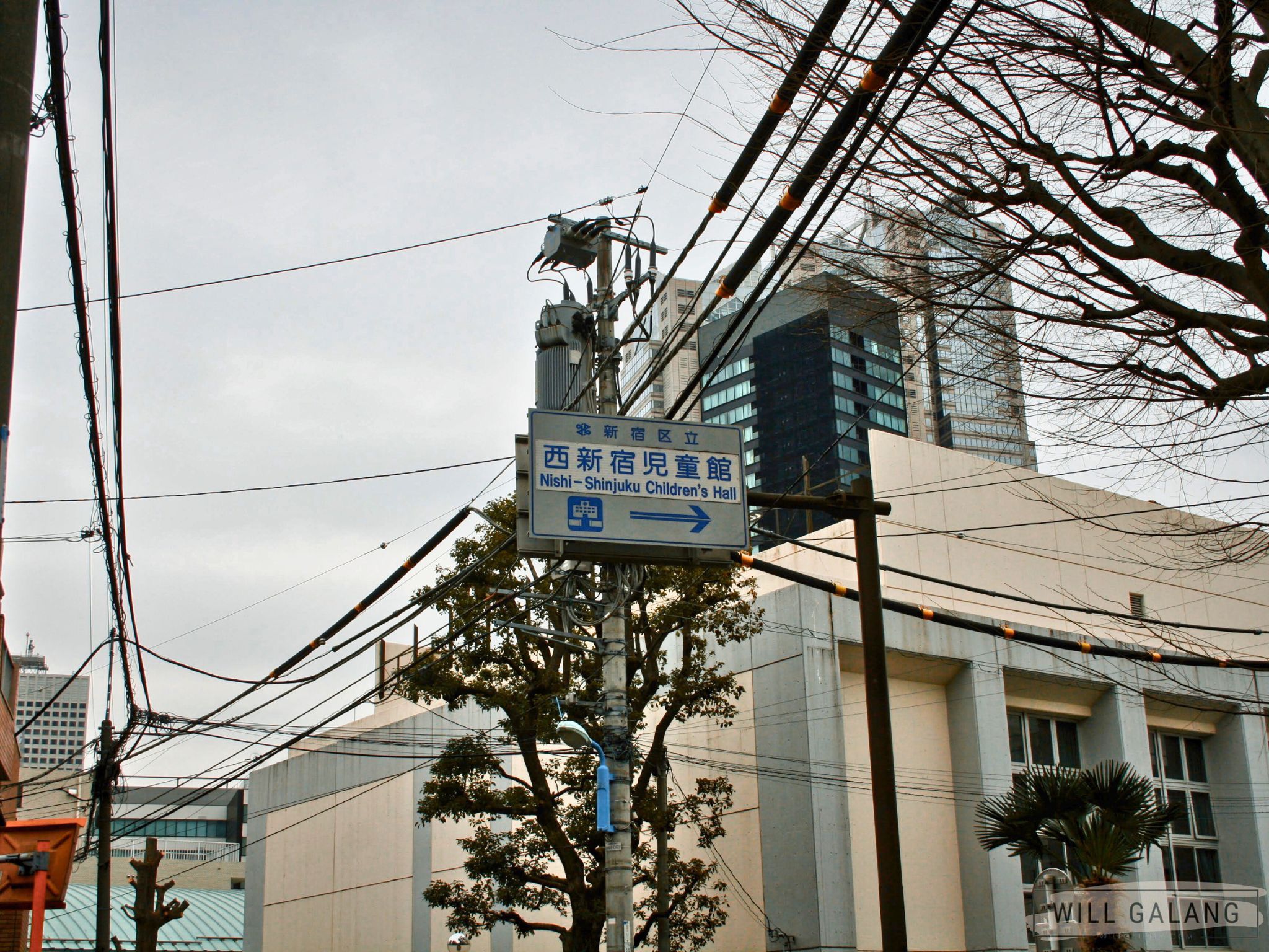 Beneath tangled wires and winter skies, a quiet sign points to childhood.